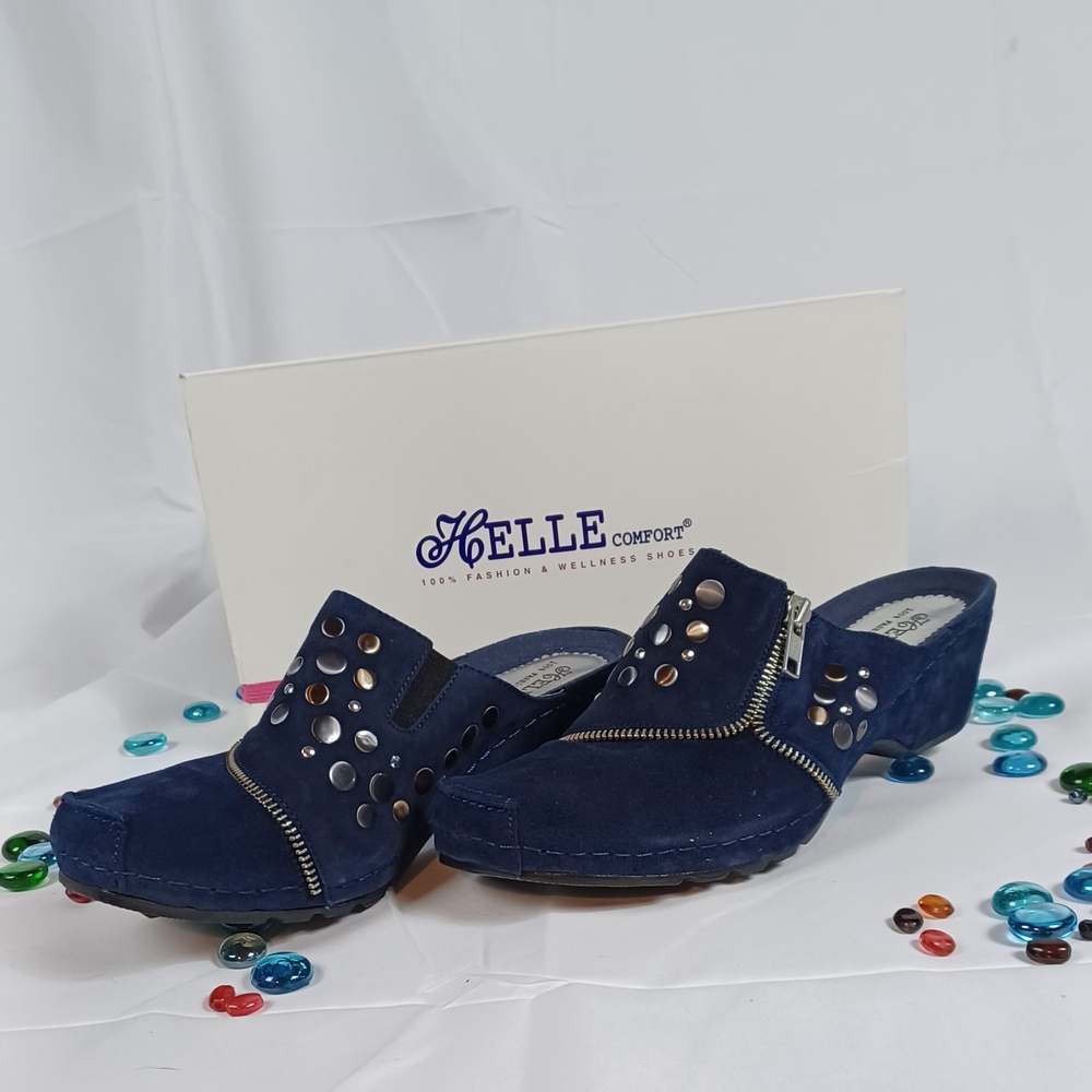 Helle Comfort Suede Studded Women's Navy BSuede Mules. $199 At HELLE. Sz9